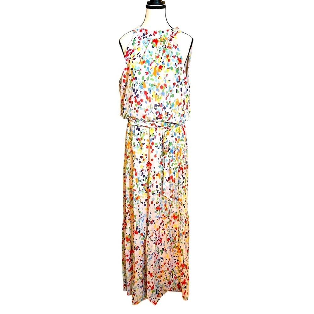 Julia Jordan Women Size 10 Multi-Color Spotted Halter Tiered Belted Maxi Dress